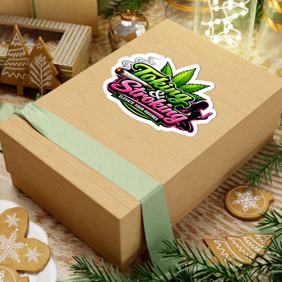 Tokin g & Stroking Kiss-Cut Sticker — Cannabis Leaf, Smoking Lifestyle Decal